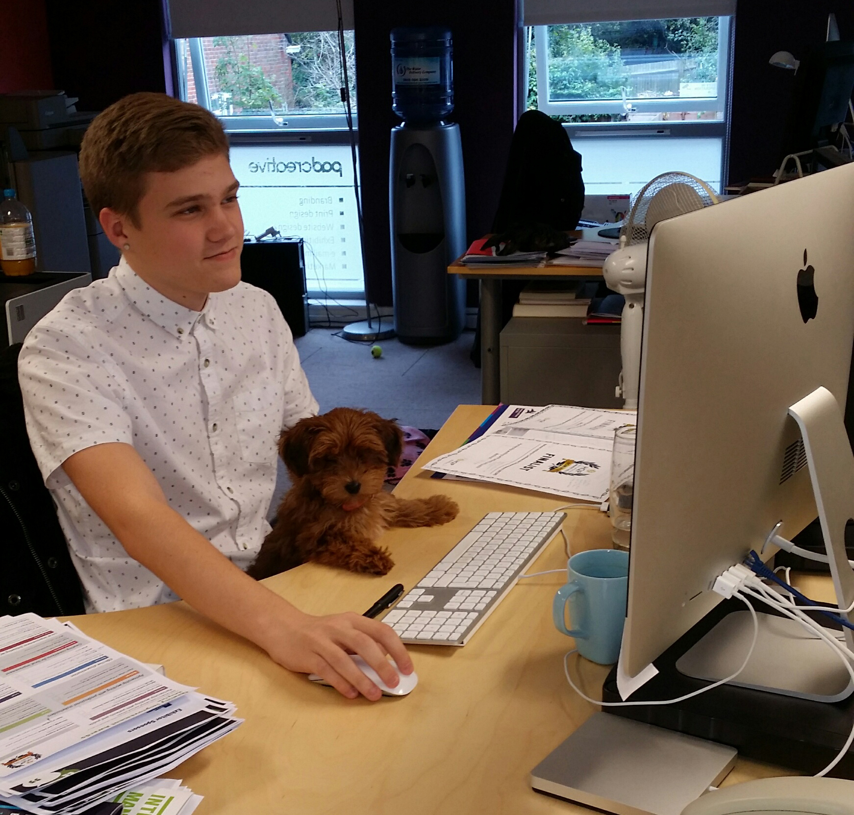 Winnie the office dog and designer Joe